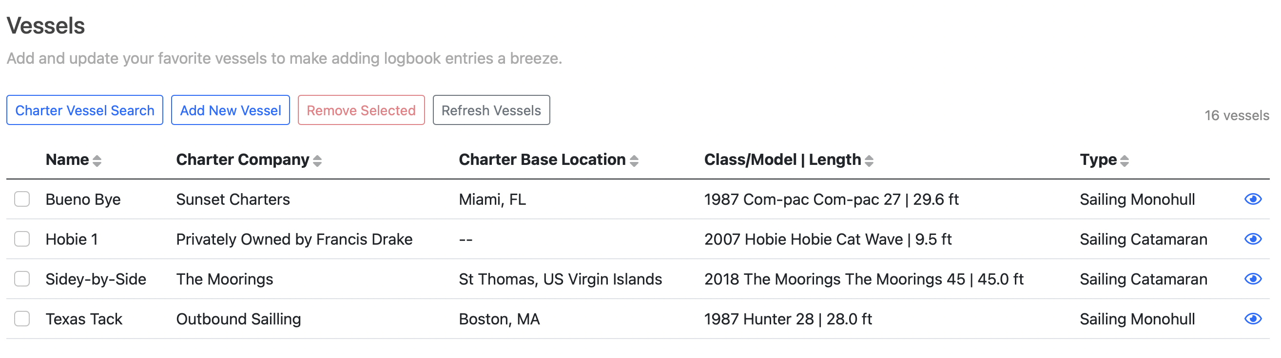 Charter Rode Vessels Screen