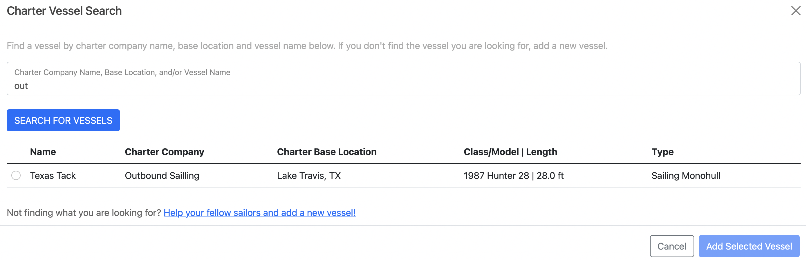Search Charter Vessels Screen