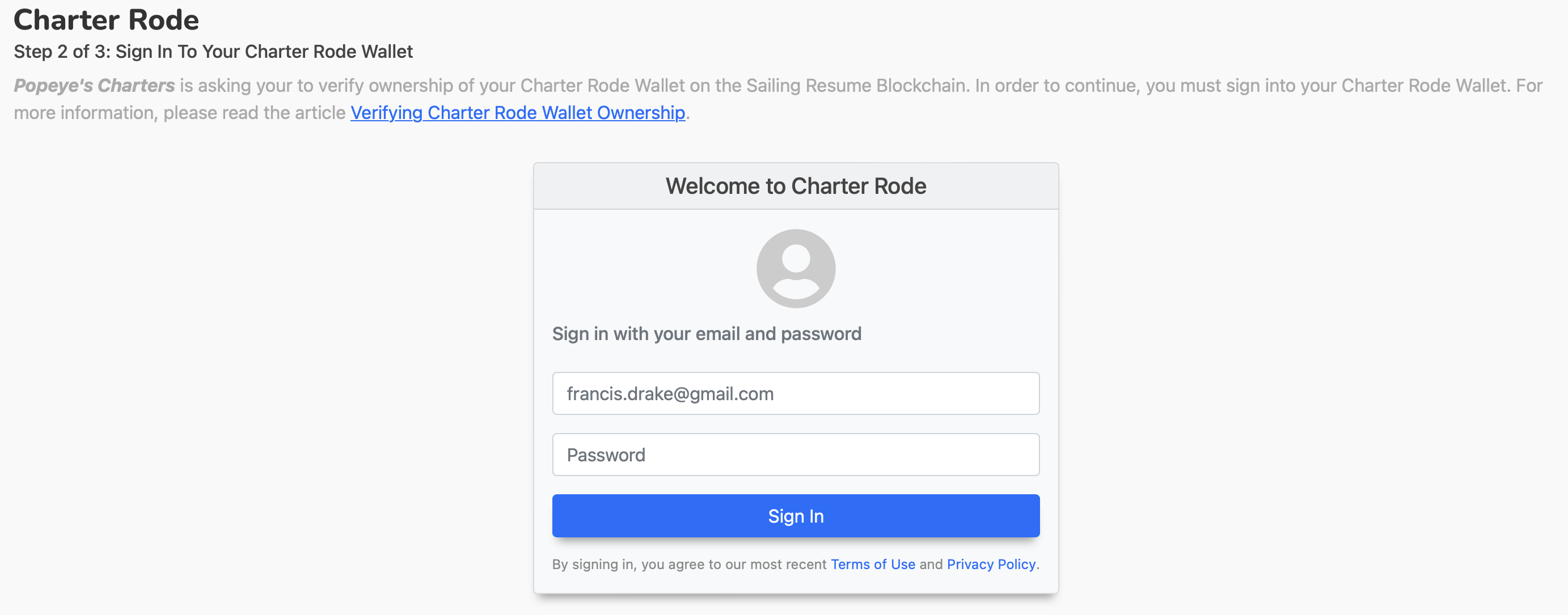 Charter Rode Wallet Verification - step 2