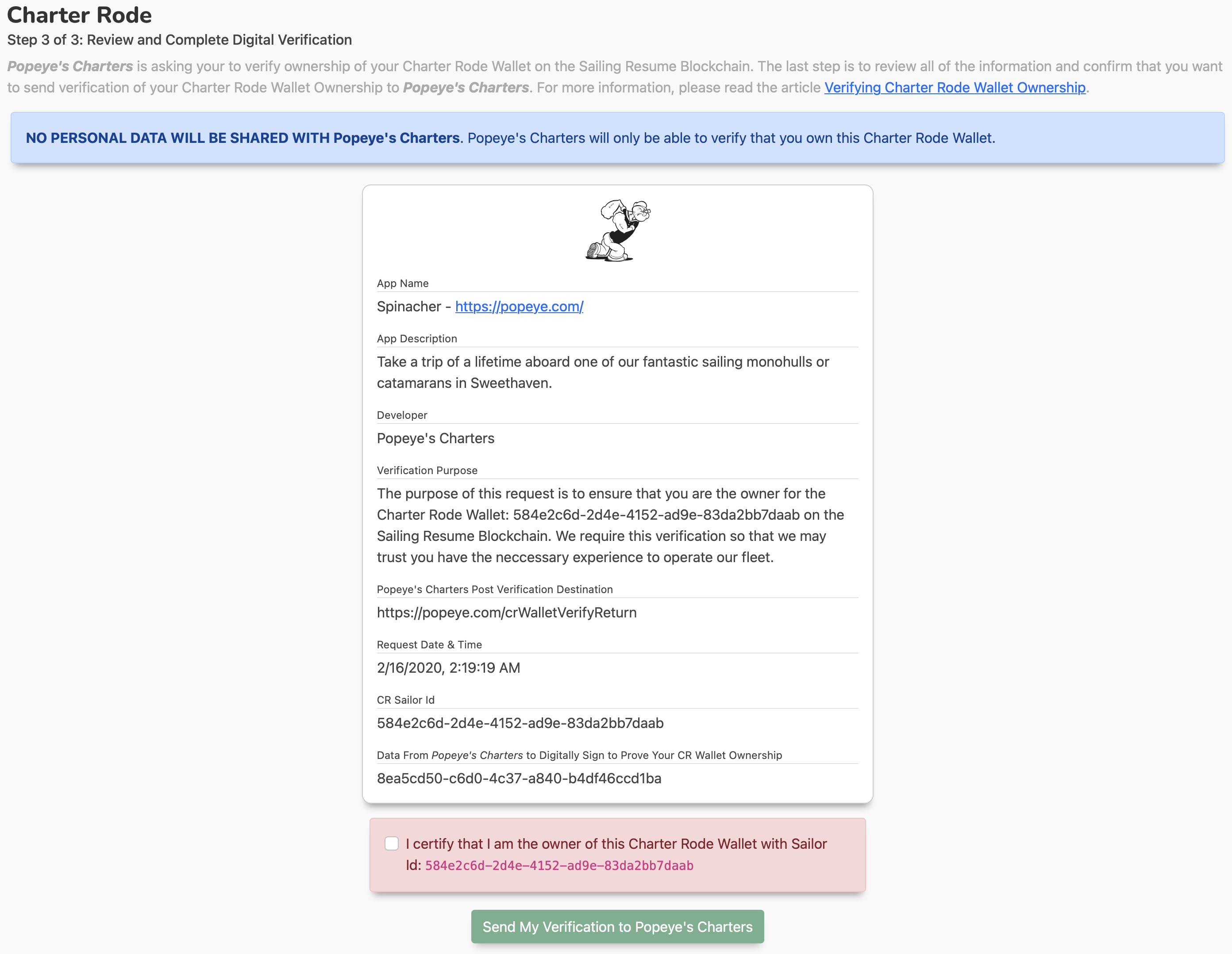 Charter Rode Wallet Verification - step 3
